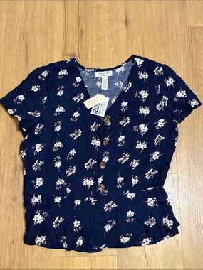 Floral Button-Front V-Neck Blouse in Navy by MINKPINK